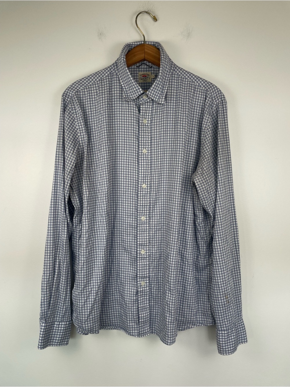 Faherty Blue White Gingham Button Down Shirt Supima Cotton Large Coastal Prep